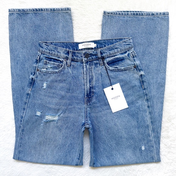 HIDDEN Dad Jean High Rise Wide Straight Leg Distressed 100% Cotton Jeans - Picture 10 of 12